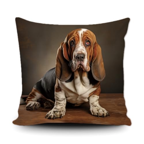 Ganshan Bi Cute Basset Hound Dog Throw Pillow Cover Dog Puppy Animal Art Decor Pillow Case for Couch Bed Sofa Dog Lover Gift 16X16 Inch Canvas Double Side, Style 4