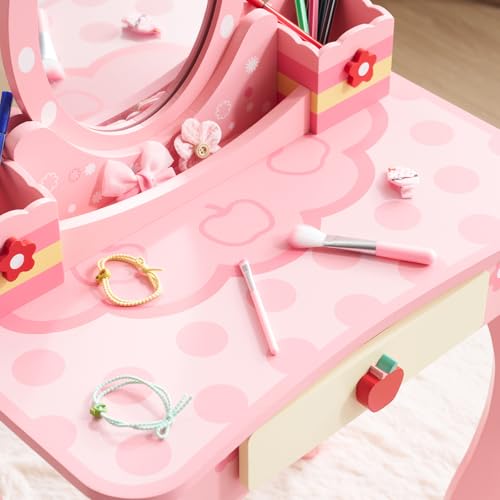 Image of Vanity Set,ShyneeMakeup Dressing Vanity Set Wooden Princess Makeup Table with Cushioned Stool,Drawer,Wooden Legs and Mirror, Make Up Dressing Play Set for Girls (Pink Red)