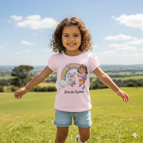 Image of Dora The Explorer Toddler Girls T-Shirt - Short Sleeve Tee with Boots, Butterflies & Rainbows - Nickelodeon Sizes 2T-5T