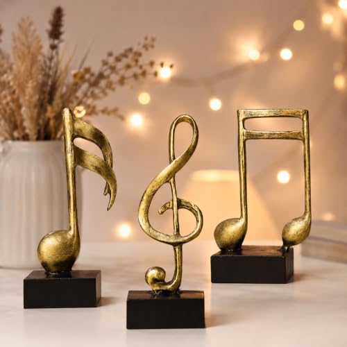 Image of Gold Finish Musical Notes Statues | Beautiful Home Decor | (Pack of 3, Golden & Black)
