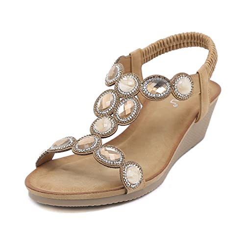 Unifizz Wedge Sandals For Women Bohemia Elastic Ankle Strap Sandals Open Toe Sparkly Rhinestone Summer Platform Outdoor Shoes Sandal(Brown,Size 9.5) #TOP26