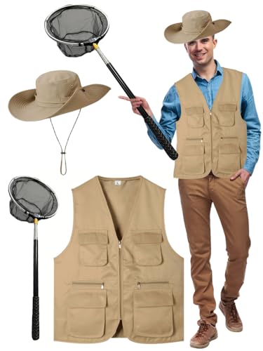 Yoloodayy 3 Pcs Halloween Butterfly Catcher Costume Include Fishing Vest Sun Hat Butterflies Net for Halloween Party Adult Men Monarch Butterfly Bee Ladybug Fish Catcher Cosplay