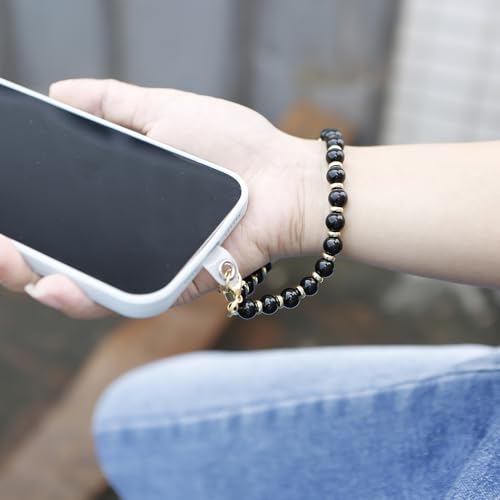Image of TENOC Marble Beaded Phone Wrist Strap, Obsidian Black | Cellphone Lanyard Chain, Sparkling Wristlet Bracelet, For Women