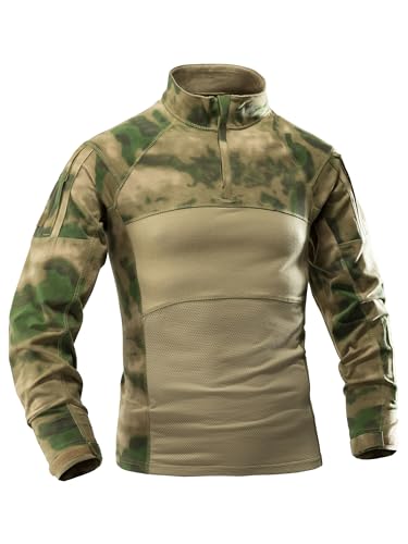 AKARMY Men's Tactical Military Combat Shirt, Long Sleeve Camo T Shirt with Zipper Pockets Wood XL
