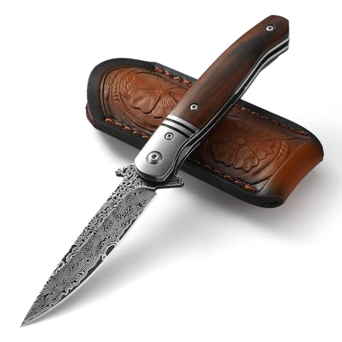 DRACHENADER Couteau de poche, couteau de poche damas navaja outdoor manche en bois avec clip et fourreau, (33+1+33) 67 couches lame en acier damas avec noyau VG10,...