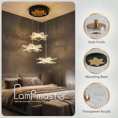Image of Lamp master 3 Zyra Wave LED Pendant Light | Modern Acrylic Hanging Chandelier with Antique Gold Finish | 3 Color Modes Ceiling Light for Living Room, Bedroom, Dining Room, Cafe | 1 Year Warranty