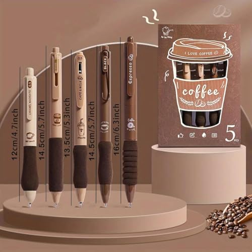Image of Coffee Blue Gel Pen Set of 5 Soft Grip Retractable Aesthetic Kawaii Japanese Cute Gel Pens Fancy Cool Best Stationery Gel Pens for School Office Writing