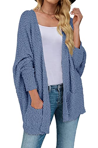 ZESICA Women's Fall Winter 2025 Popcorn Long Sleeve Open Front Chunky Knit Oversized Cardigan Sweater Coat,Dustyblue,Large