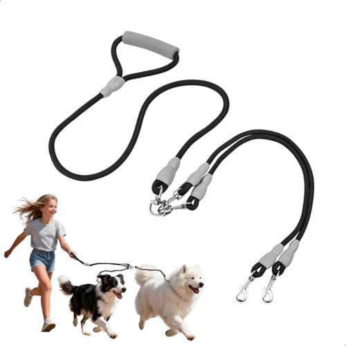 Guinzaglio Doppio per Cani a 1,5M, Guinzaglio Addestramento per Cani con 2 Moschettone, Rotazione a 360°, Impugnatura in Spugna, Guinzaglio Cane per canis di Taglia Medio-Grande (1 Pezzo, Nero)