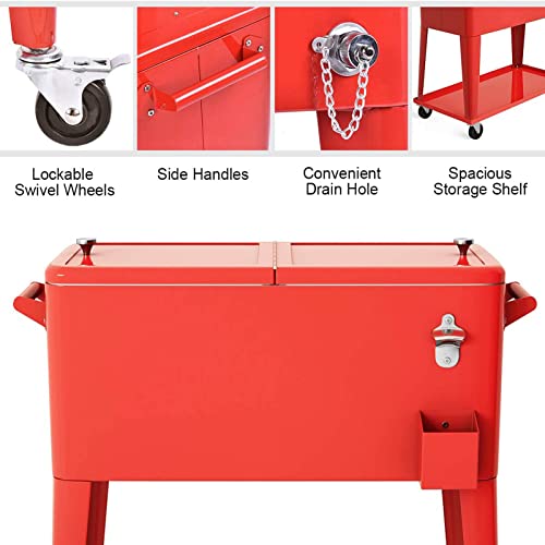 Giantex Rolling Cooler Cart, 80Qt Outdoor Cooler With Locking Wheels, Storage Shelf, Bottle Opener, Drain Plug, Patio Beverage Bar Cooler Trolley Ice Chest For Party Cookouts Bbq (Red) #TOP5