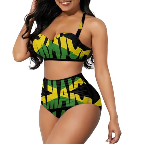 Yewattles Fashion Jamaica Flag Women Two Piece Bikini Set Sexy Halter Top Swimsuits Quick Drying High Waist Tummy Control Bottoms Breathable Bathing Suits Fashion Push Up Swimwear S-XXL