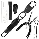 BiteX 12.4″ Aluminum Fish Gripper with Scale & 7.4″ Fishing Pliers,Saltwater Resistant Fishing Gear Tool Kit,Fish Holder, Hook Remover and Split Ring Pliers with Sheath,Gift for Men