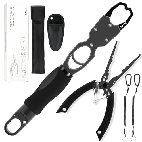 BiteX 12.4″ Aluminum Fish Gripper with Scale & 7.4″ Fishing Pliers,Saltwater Resistant Fishing Gear Tool Kit,Fish Holder, Hook Remover and Split Ring Pliers with Sheath,Gift for Men
