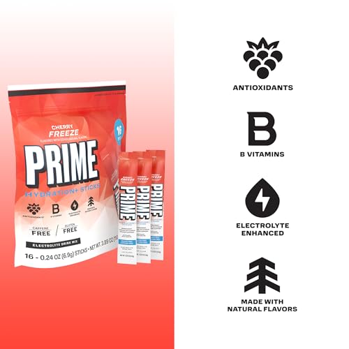 Image of PRIME HYDRATION+ Electrolyte Powder Sticks, Cherry Freeze, Sugar Free Hydration Drink Mix with Potassium, Magnesium & B Vitamins to Replenish Fluids, Caffeine Free, 16 Count