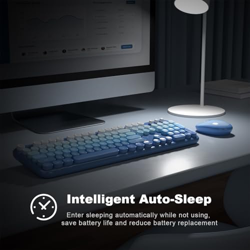 Image of KNOWSQT Wireless Keyboard Mouse Combo - Lovely Blue-Gradient Rainbow Full-Sized Typewriter Colorful Keyboards, Round Keycap Plug Play Retro Cute Keyboards for Windows, Laptop, PC, Desktop, Computer