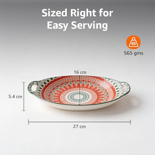 Image of Amazon Basics Mandala Ceramic Long Dish with Handles (10.8 Inch) - Elegant Oval Serving Platter for Snacks, Appetizers, Salads, and Noodles | Microwave & Dishwasher Safe (Red & Green)