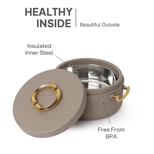 Image of CELLO Ornetto Big Set of 3 Pcs Insulated Steel Casserole Hot Box for Kitchen, Beige (1500ml, 2000ml, 2500ml) | Airtight Hot Pot Case Keeps Food Hot & Warm, Casserole Set for Roti Chapati Rice Biryani