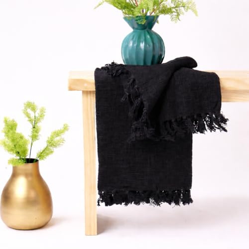 Image of Cotton Black Tasseled Throw Blanket | Sofa Throw 50x60 Inch, 127x 152 cm | Reversible, Breathable and Lightweight (Pack of 1)