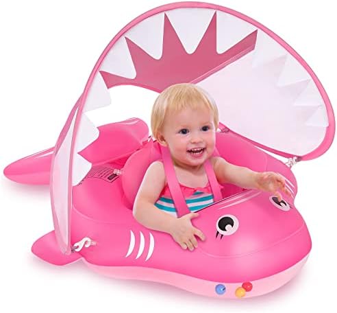 Baby Swimming Pool Float, Infant Floaties with Sun Protection Canopy Inflatable Swim Float for Baby Toddlers Girls Shark Swimming Ring for Pool Bath Toys Fun Gifts for Kids 3-36 Months