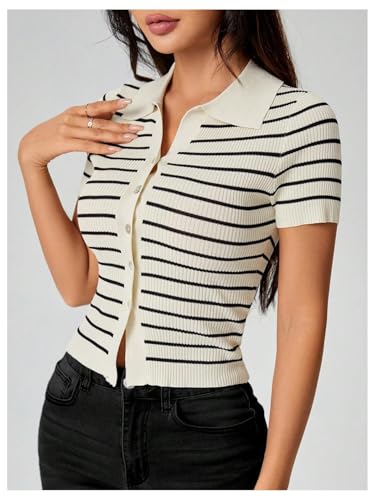 Floerns Women's Striped Short Sleeve Lightweight Cardigan Button Up Sweater Tops3