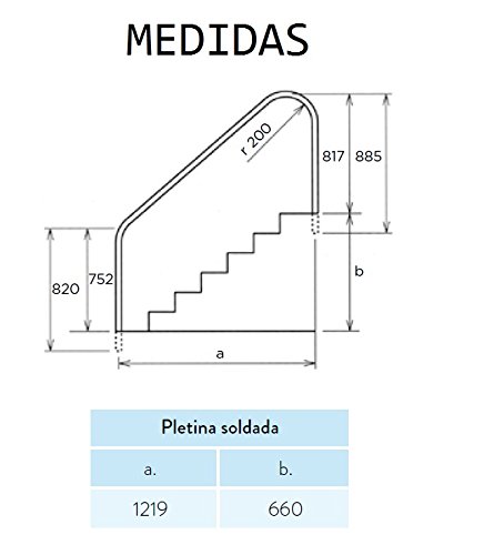 Pasamanos baranda de bajada piscina FX L. 1219mm. Acero Inoxidable AISI 316. Dos puntos de apoyo dos escalones pletinas + tornillos + tacos. REGALO Limpiador de acero