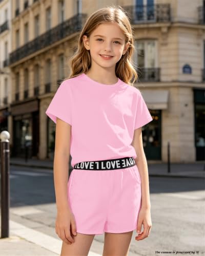 Image of Bestuline Girls Summer 2 Piece Outfits,Basic Short Sleeve Top & Shorts Set with Side Pockets,4-14Y