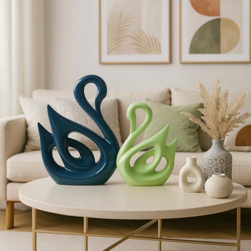 Image of SRJANA Lucky Swan Couple Piano Finish Ceramic Figures for Home Decor (Set of 2 Pc, Large, Navy Blue & Parrot)