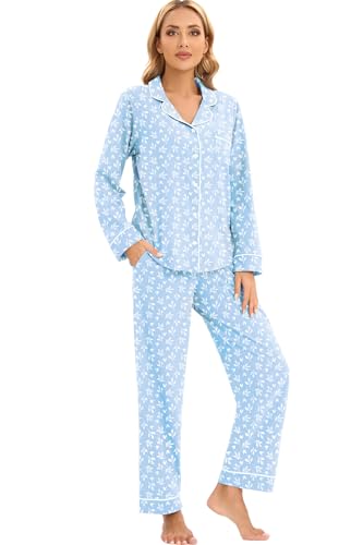 Image of LUBOT 100% Cotton Pajamas for Women Pajama Set 2 Piece PJ Sleepwear Set Soft Ladies Button Knit Long Sleeve Loungewear XS-XXL