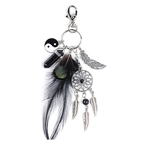 keychain keyring natural opal stone dreamcatcher keyring fashion silver boho ornament feather keychain (Black)