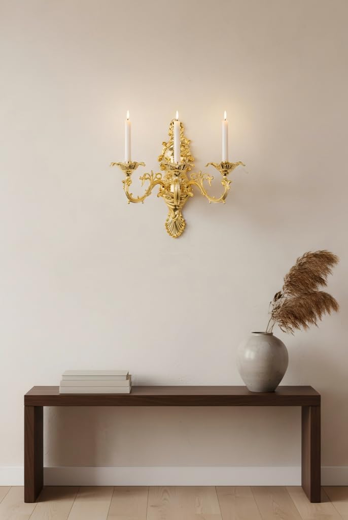 ZOOYOO Gold Wall Candle Holder,Victorian 3-Arm Metal Candelabra Sconce,Antique Iron Wall Mounted Candlestick for Living Room,Dining Room,Bedroom,Fireplace,Hallway