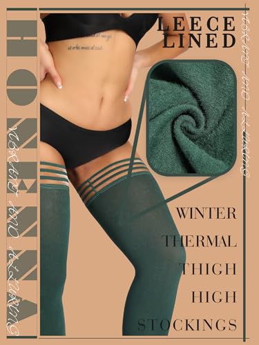 HONENNA Fleece Lined Thigh High Stockings, 8+ Colors Stay Up Lace Top Opaque Winter Warm Tights for Women2