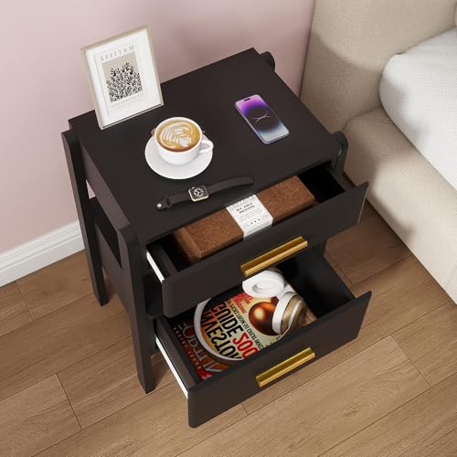 Image of Solid Wood Nightstand with 2 Drawers and Open Shelf Bedside Table End Table