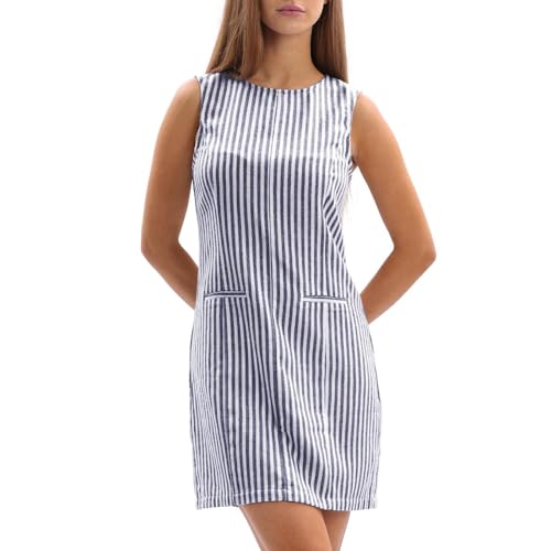 Amazhiyu Kleider Sommer, Leinenkleid Damen Tank Minikleid Ärmellos Kleid Kurz Sommerkleid Strandkleid Elegant Rundhals Gestreift Freizeitkleid, Blau,...