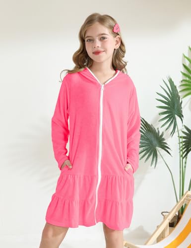 Image of Girls Swim Cover Up Kids Long Sleeve Swimsuit Coverup Terry Beach Pool Clothes with Sunglasses