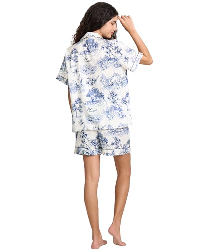Image of YiNi LuLu Womens Silk Satin Shorts Pajamas Set Button Down 2 Piece Pjs Short Sleeve Oversized Sleepwear with Pockets