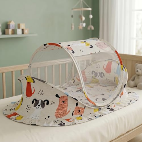 Image of StarAndDaisy Baby Mosquito net with Mattress for Baby, Portable Baby Lounger for Kids, Breathable mesh Mosquito Net. (Dog Print)