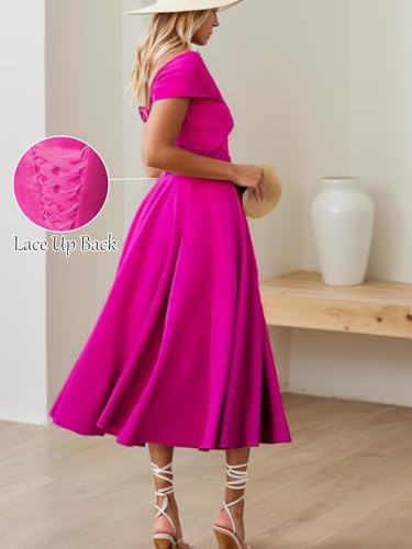 Womens Satin Off The Shoulder Evening Dress Tea Length Prom Dresses for Women A Line Midi Wedding Guest Dress2