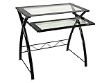 Twin Star Home Glass Computer Desk for Small Spaces, Office Desk with Pull Out Keyboard Tray | Work Table with Crisscross Shape Steel Frame in Black