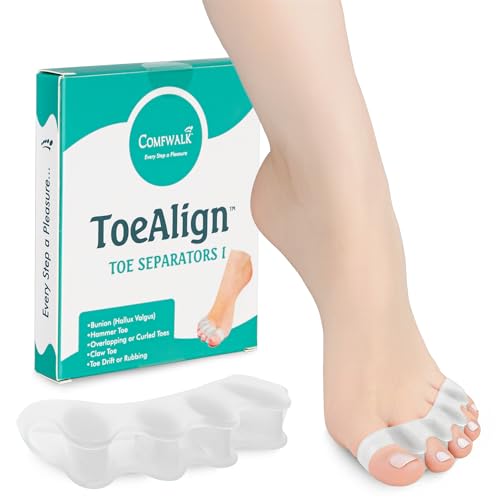 Comfwalk® ToeAlign™ – Toe Separators for Men & Women – Toe Straightener Stretcher – Corrects Bunions, Overlapping Toes, Hammer Toes, Claw Toes – Soft Medical-Grade Silicone Toe Spacers (Transparent)