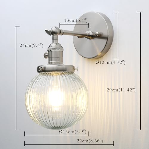 Image of PERMO Sconce with Switch Industrial Gold Wall Sconce Lighting with Ribbed Globe Lampshade (Brushed, 1 Light-Hardwired)