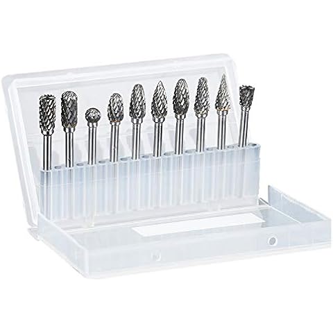 Rotary Burr Set, 10pcs Tungsten Carbide Rotary Burrs Set Double Cut Points Files Grinder Fit Rotary Tool for Engraving Wood Working Carving Polishing and Drilling, 1/8" Bit Shank 1/4” Head Size Cover