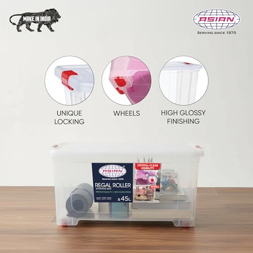 Image of Asian Plastowares - Regal Roller | 45 Ltr - Storage Box | Stackable Organizer for Clothes, Toys, Kitchen, Makeup & More | BPA-Free, Space-Saving Design | Multipurpose Boxes | Transparent