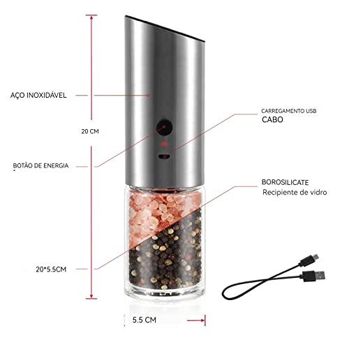 Fzdsnow Moedor Elétrico de Sal e Pimenta USB | 2 Unidades | Luzes e Ajuste de Asperez
