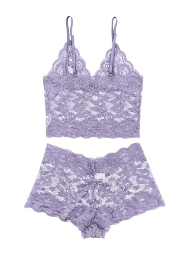 Image of Lilosy Sexy Sheer Floral Lace Pajamas Lingerie Set High Waist Sleepwear Bra and Panty 2 Piece Nightwear