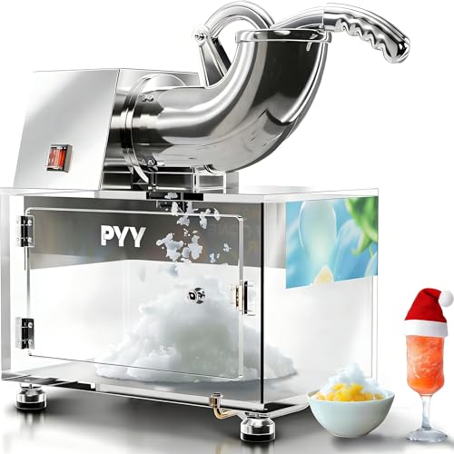 PYY Snow Cone Machine - Commercial Ice Crusher Shaver, Electric Crushed Shaved Snowcone Maker, 440LBS/H 1400RPM All-Copper Motor, Stainless Steel Full Body, Dual Blades, Acrylic Box and Drain Pipe