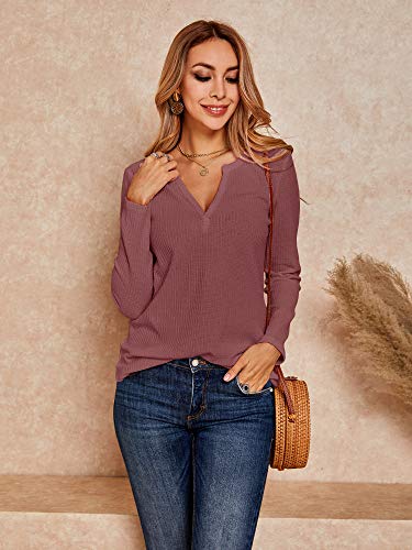 Women's Long Sleeve V Neck Waffle Knit Tee Sweater