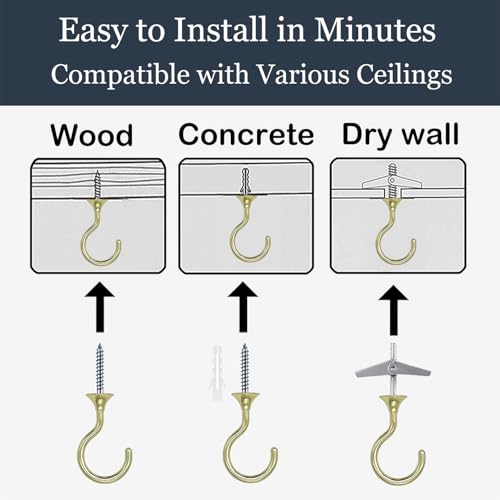Image of Heavy Duty Ceiling Hooks for Hanging Plants 2 Pack (Gold) | Holds 30 lbs on wood & concrete, 20 lbs on drywall; 2.4 inch zinc alloy swag hook for chandeliers, macrame & wind chimes