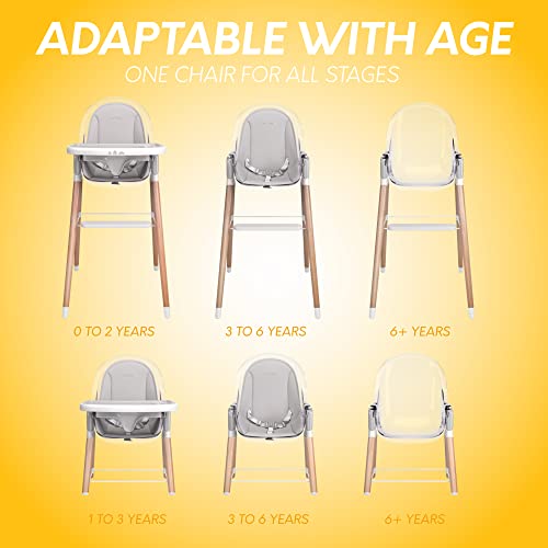Children Of Design 6 In 1 Deluxe Wooden High Chair For Babies & Toddlers, Modern Safe & Compact Baby Highchair, Easy To Clean & Assemble Removable Tray & Cushion, 6 Options 3 Seat Positions 2 Heights #TOP1