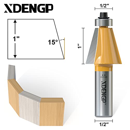 Image of 15 Degree Chamfer Router Bit with 1 Inch Cutting Length,1 /2 Inch Shank Carbide Edge Forming Bevel Router Bit with Bearing, Chamfer Bit Miter Angle Milling Cutters Tool