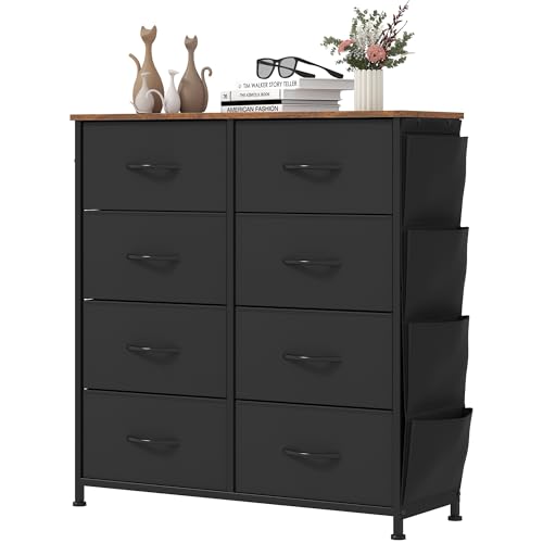 YITAHOME Comoda 8 Cajones,Cajonera de Tela con Bolsillos Laterales,Sinfonier,Robusta Estructura metálica,para Dormitorio, Salón, Pasillo,Negro